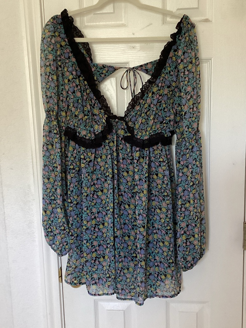 Free People Blue Floral Open-Back Tunic with Black Lace